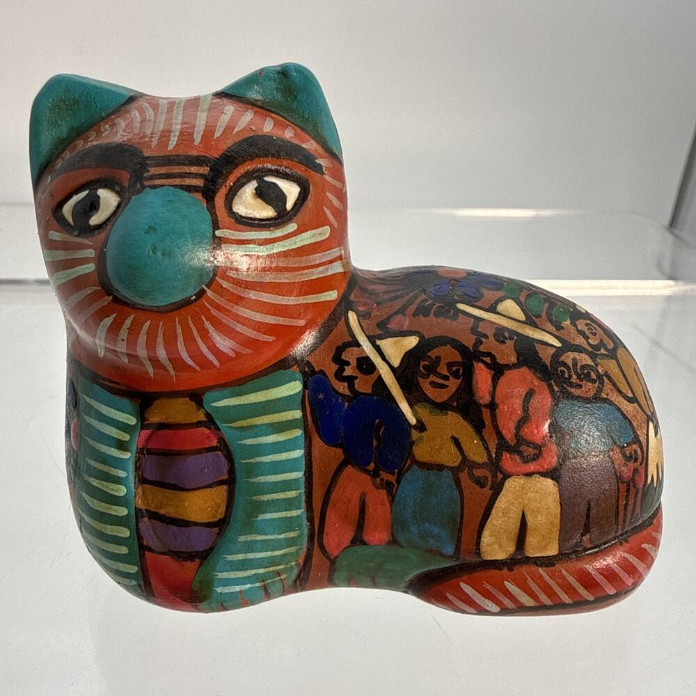 Vtg Talavera Pottery Kitty Cat Lying Down Folk Art Hand-painted flowers boho